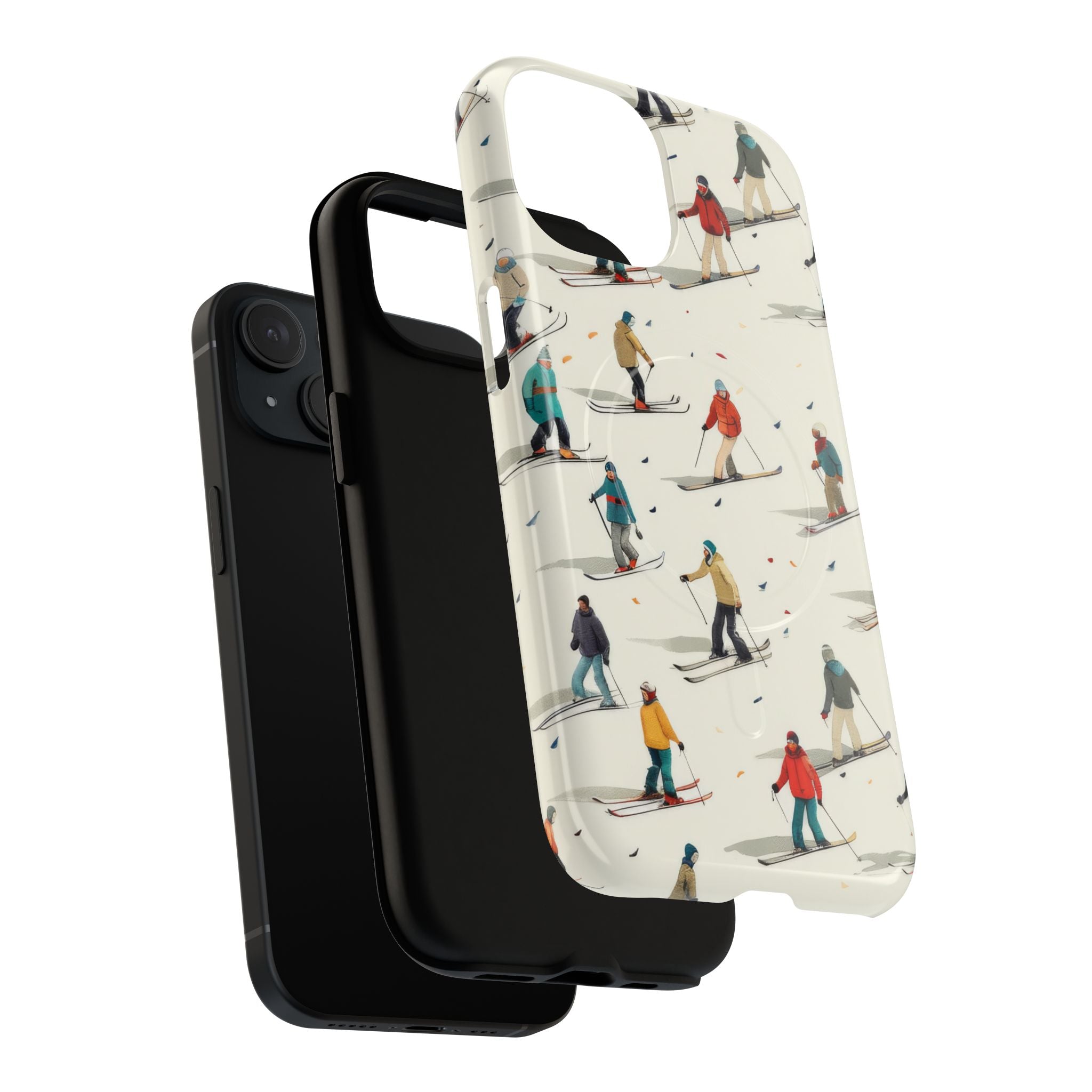 Retro skiers pattern MagSafe phone case showing dual-layer protection and precise cutouts