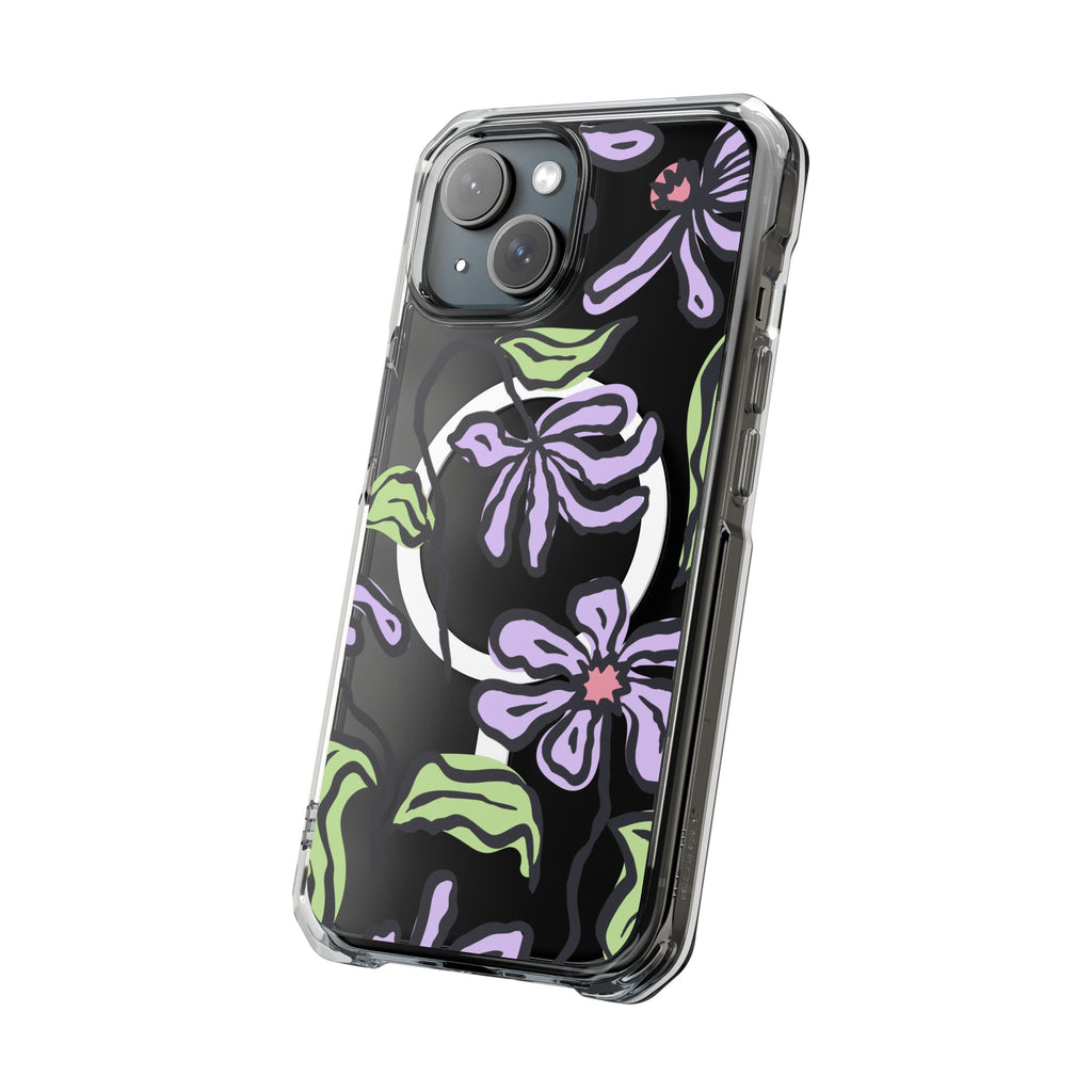 Clear MagSafe Phone Case with Purple Floral Sketch Design