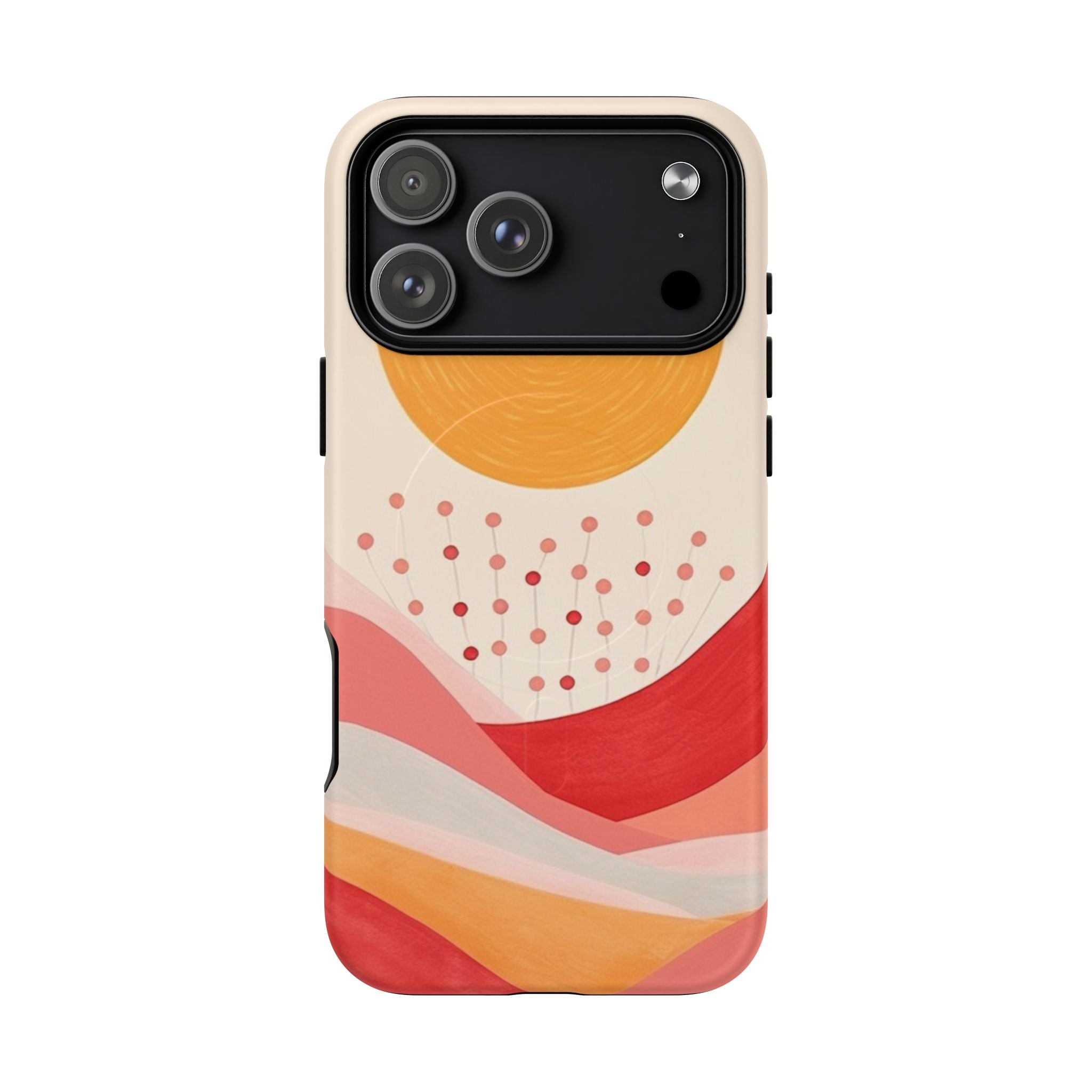Warm abstract sunset pattern with coral, orange, and cream waves with playful dotted accents for artistic phone protection