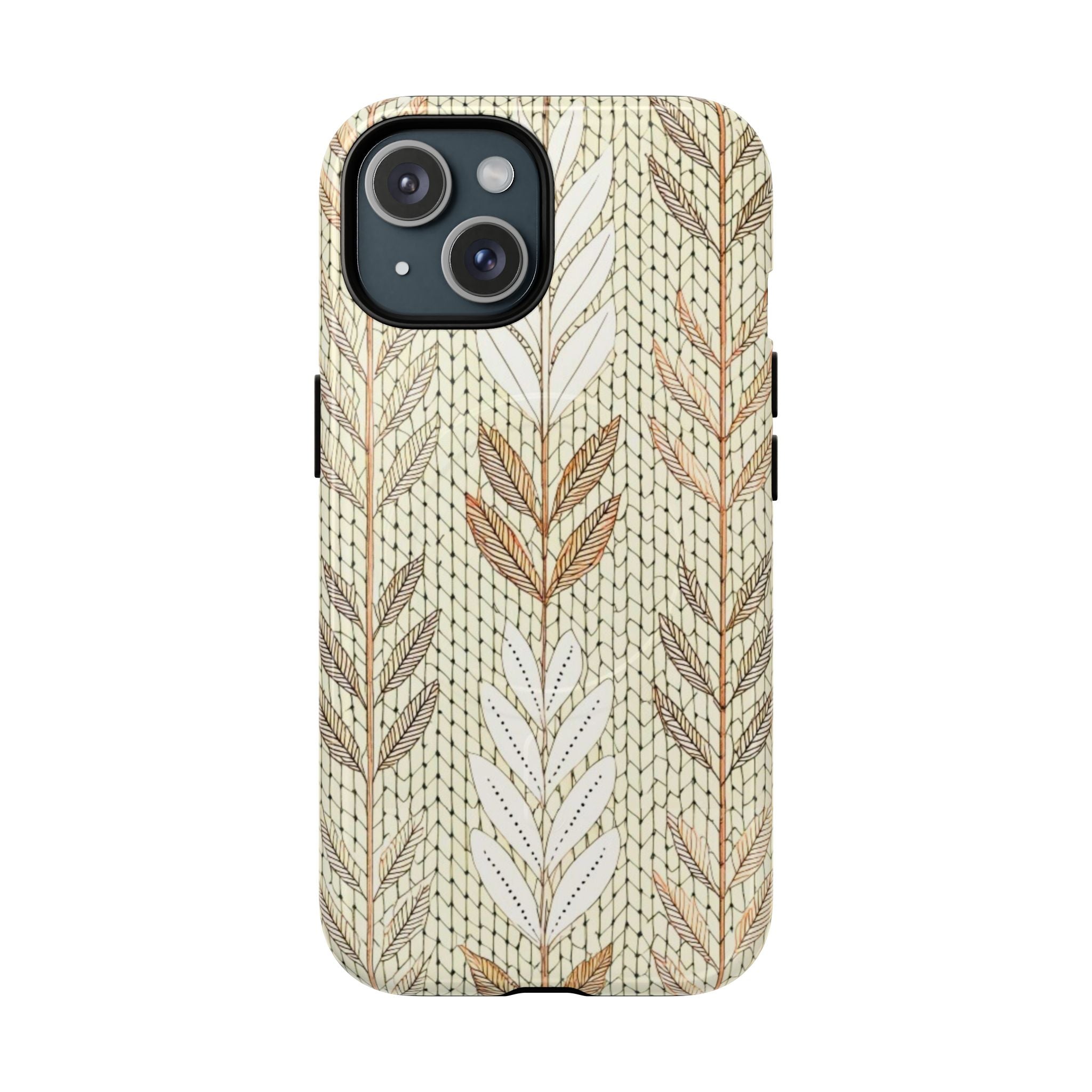 Neutral Knit Leaf Pattern MagSafe Phone Case on iPhone showing cozy boho design