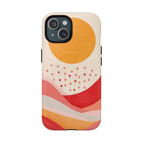 Close-up of abstract sunset phone case with MagSafe compatibility and vibrant coral orange colors