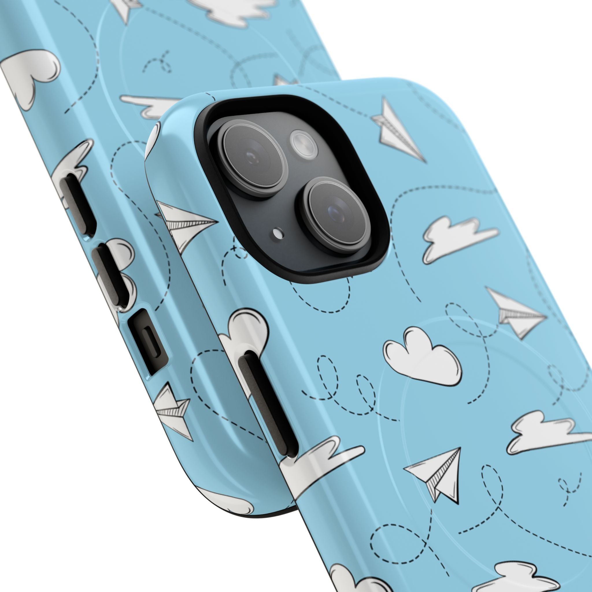 Whimsical paper airplane MagSafe iPhone case featuring playful paper planes soaring across bright blue sky with fluffy white clouds - dual-layer protective phone case for dreamers and travelers, compatible with iPhone 14, 15, 16, 17 and Pro Max model