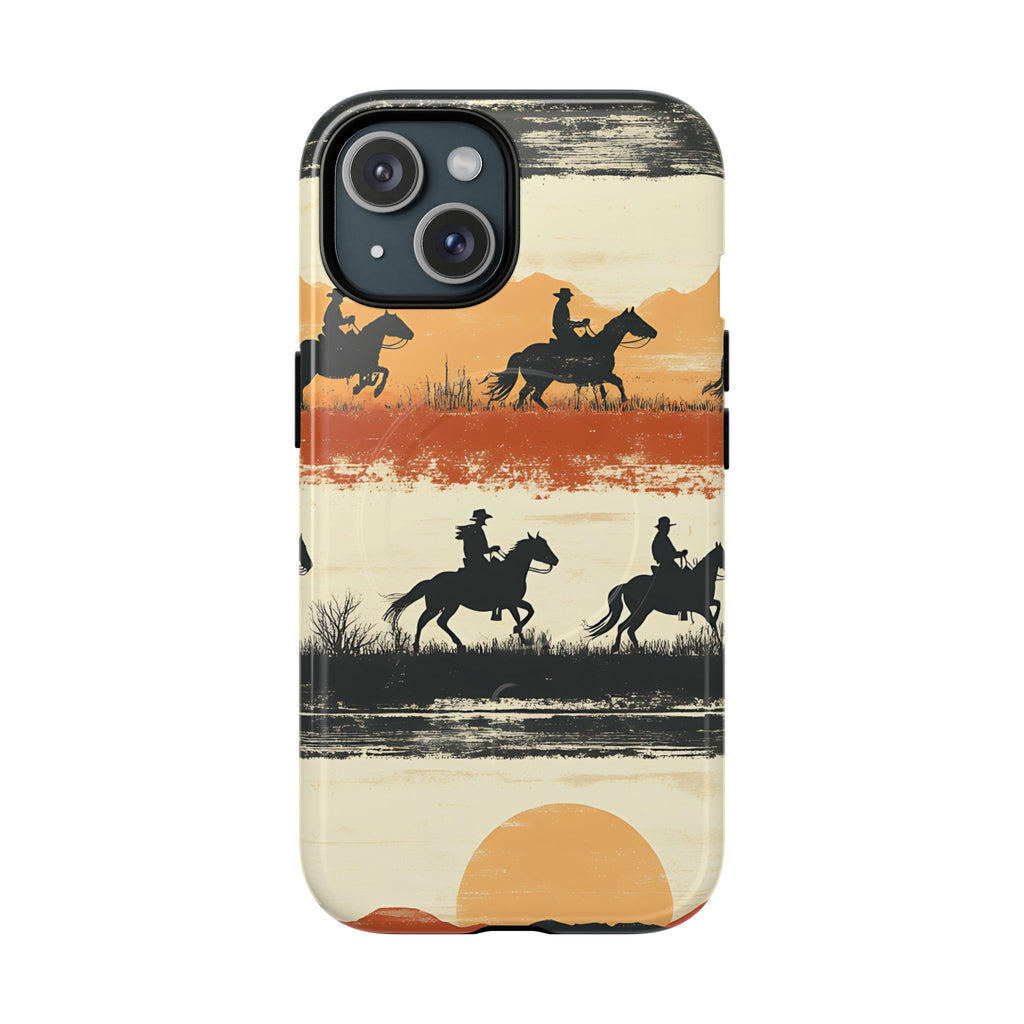 Western sunset horse rider MagSafe phone case with cowboy silhouettes