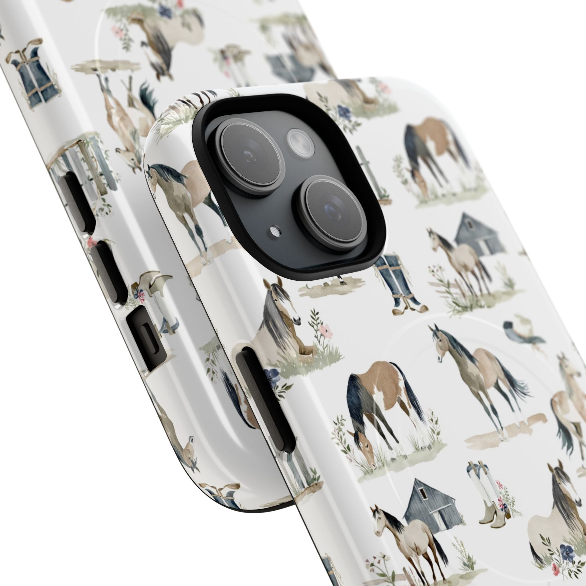 Horse Pattern Phone Case design featuring watercolor horses, rustic barns, and riding boots in soft pastel tones, countryside-inspired equestrian pattern for MagSafe compatible protective iPhone case