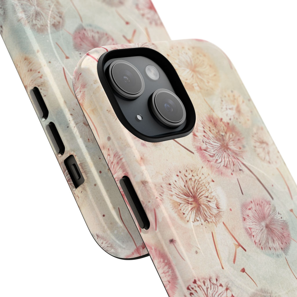 Delicate dandelion prints in soft pastel tones on MagSafe-compatible dual-layer iPhone case