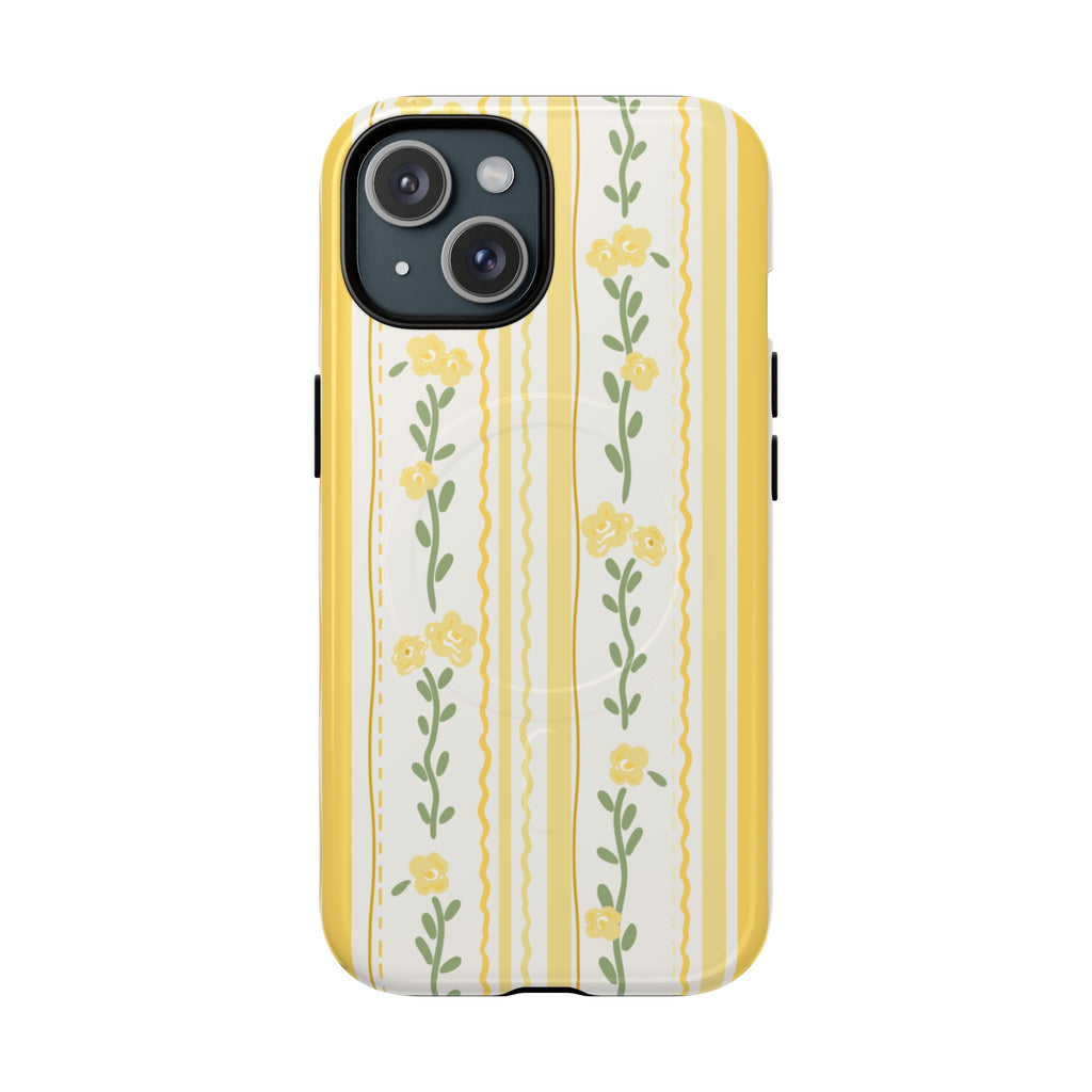 Yellow wildflower stripe MagSafe phone case with floral design on smartphone