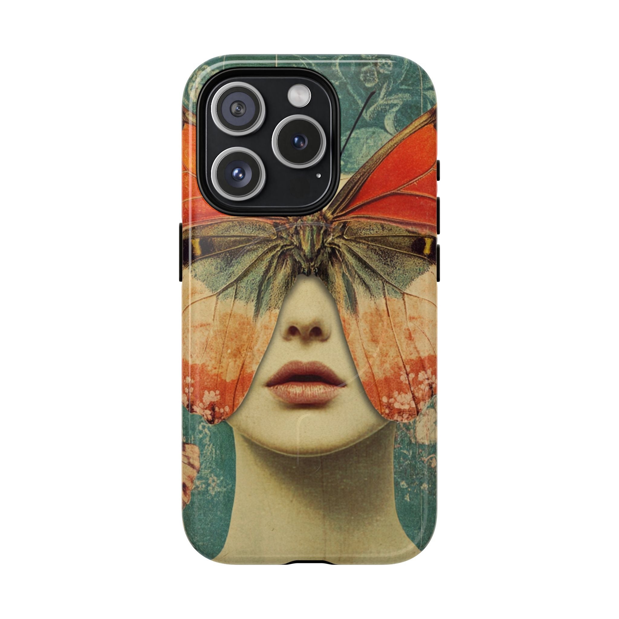 Artistic Butterfly Mask MagSafe Phone Case — Surreal Portrait Design
