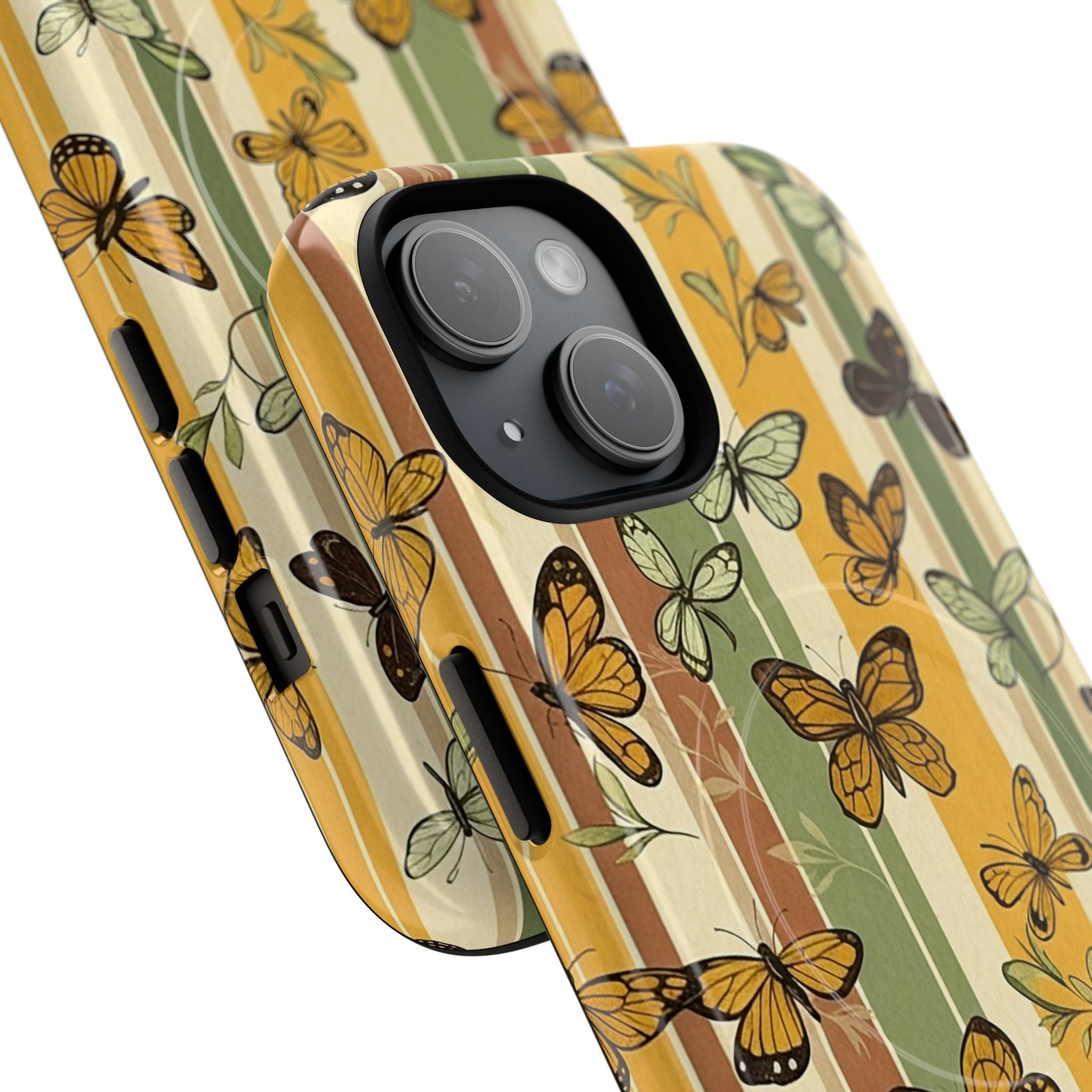  Retro butterfly and stripe pattern in mustard yellow, olive green, and rust tones with vintage floral aesthetic for nature-inspired phone protection