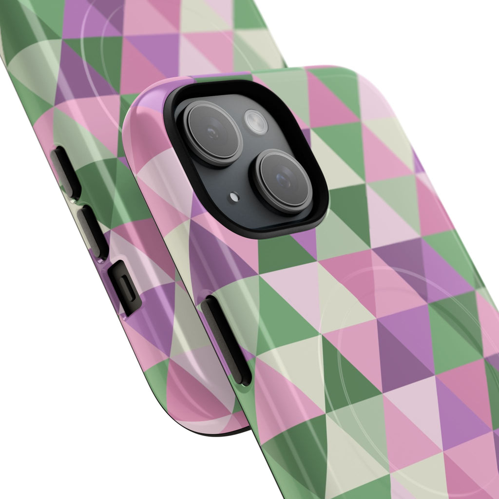 Geometric pink, mauve, and sage green triangle chevron pattern iPhone case with MagSafe compatibility featuring dual-layer protective construction with glossy or matte finish and vintage-inspired repeating triangle design for wireless charging
