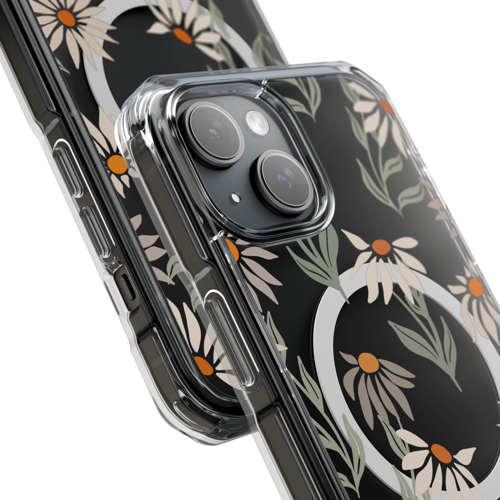 Clear Daisy Phone Case | MagSafe Black Floral Design