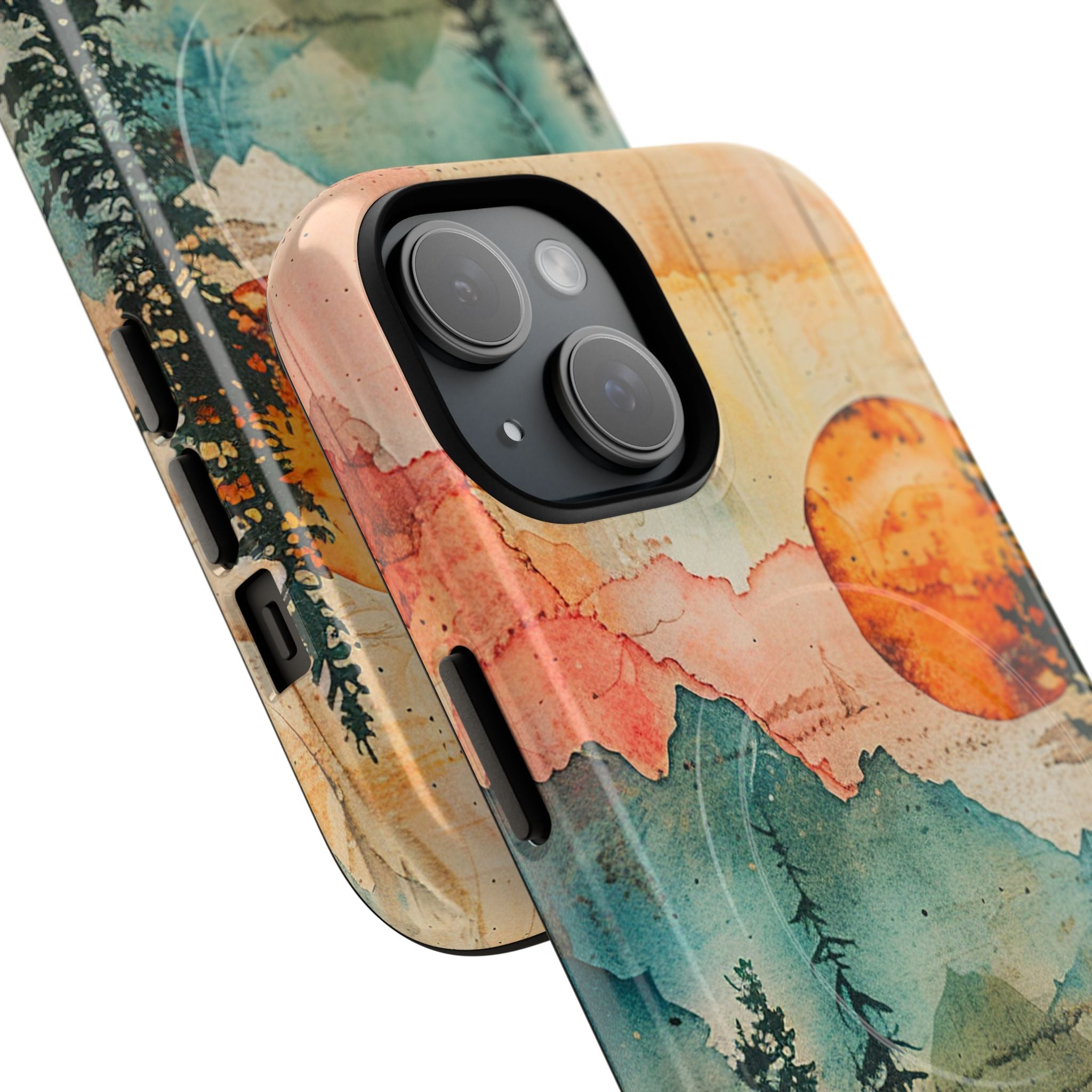 Mountain Sunset Phone Case showing full wrap design with forest scenery
