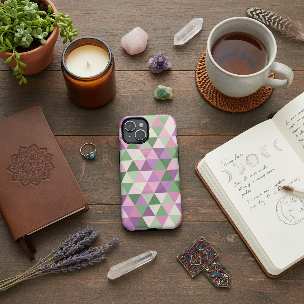 MagSafe Tough Phone Case — Geometric Pink & Green Triangle
