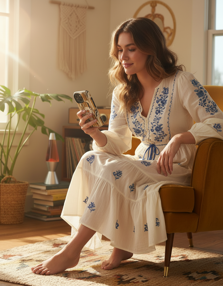 Lifestyle image of retro daisy boho phone case in vintage-inspired setting
