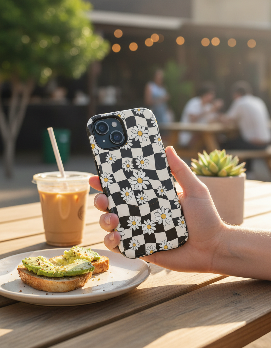 Daisy Checker MagSafe Phone Case — Retro Floral Grid Design