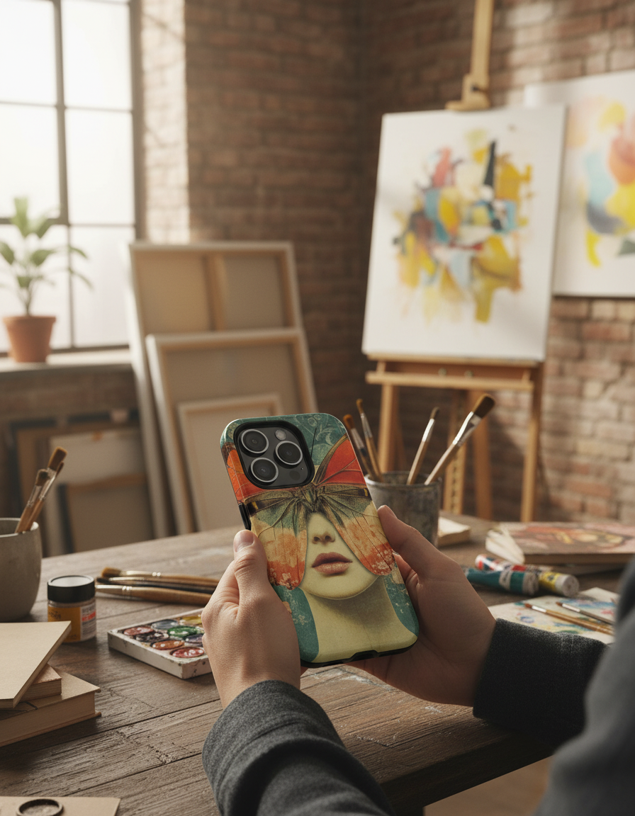 Artistic Butterfly Mask MagSafe Phone Case — Surreal Portrait Design