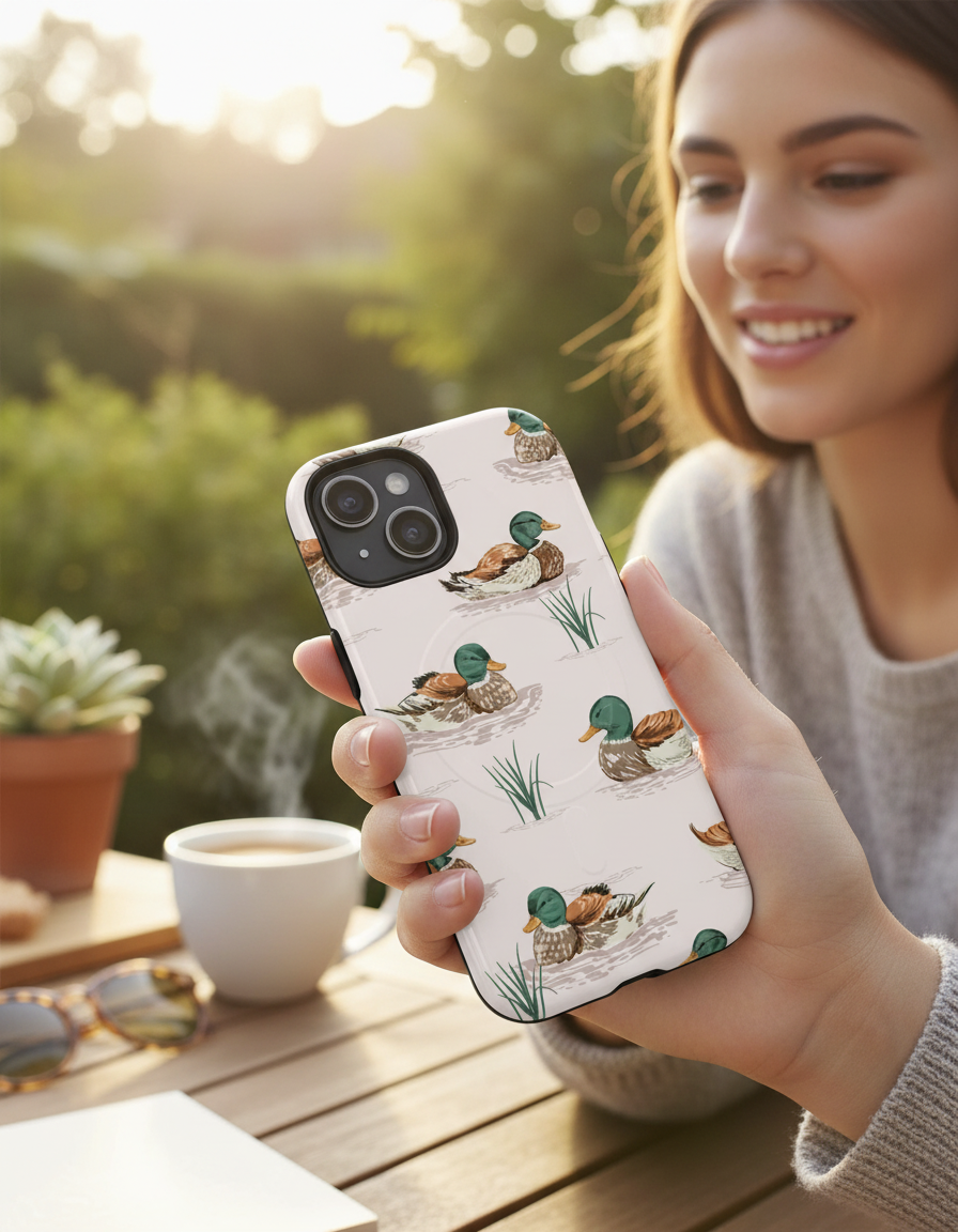 Lifestyle image of watercolor duck pattern phone case in lakeside nature setting
