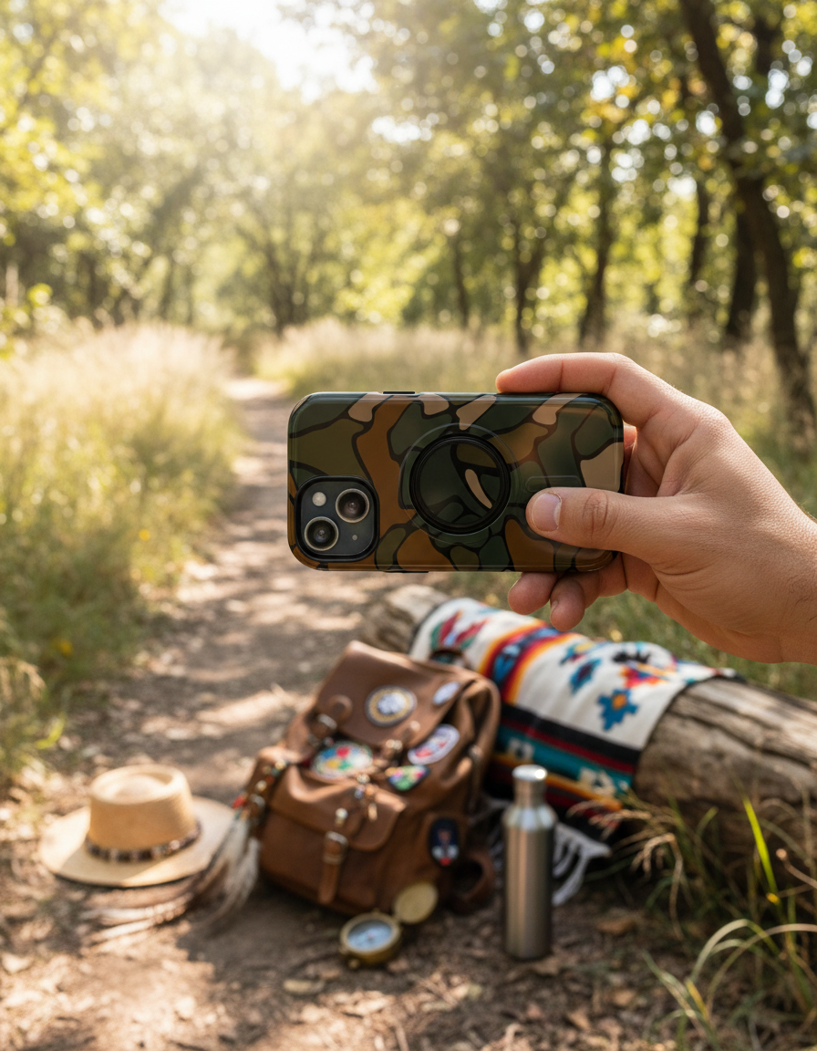 Lifestyle image of military green camo phone case in outdoor hiking setting