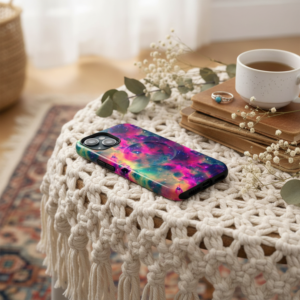 Close-up of galaxy nebula phone case with MagSafe compatibility and vibrant cosmic colors
