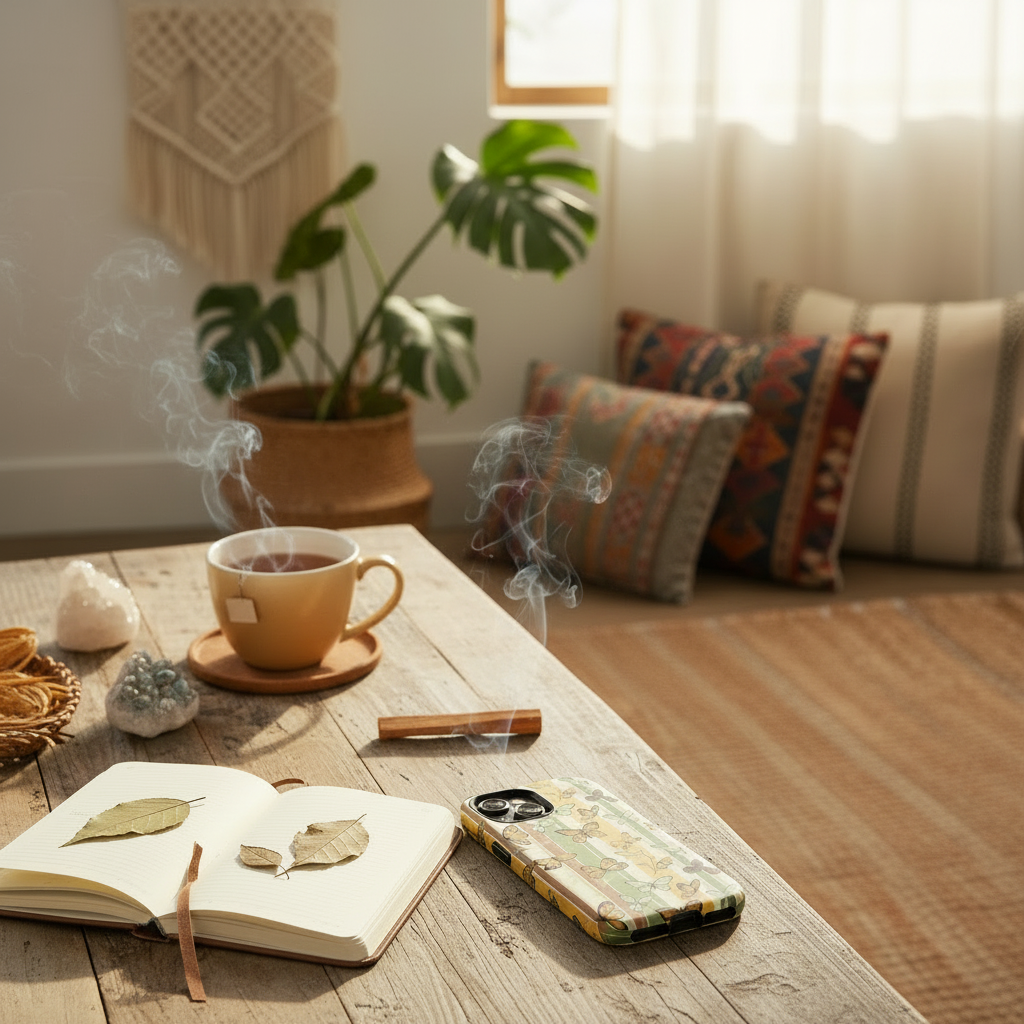 Close-up of retro yellow and green butterfly stripe phone case with MagSafe compatibility