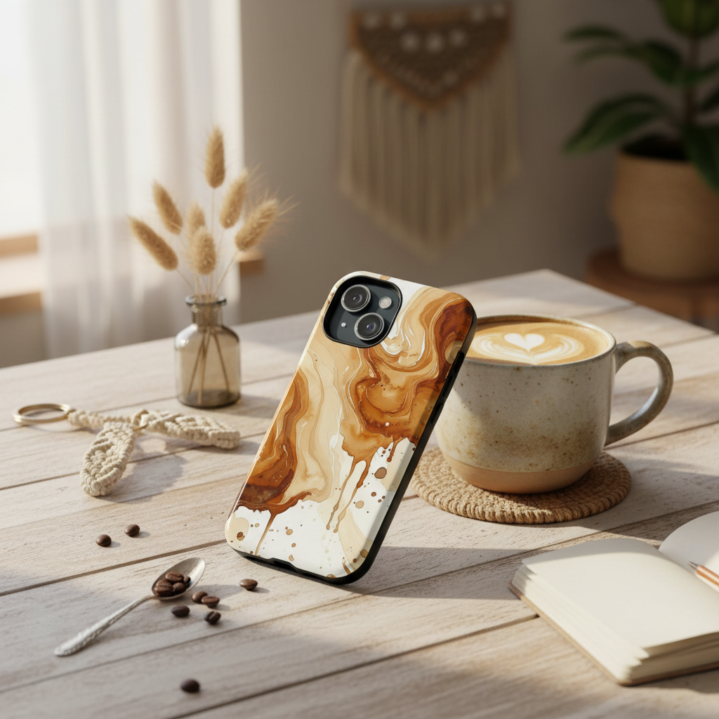  Close-up of caramel marble swirl phone case with MagSafe compatibility and glossy finish