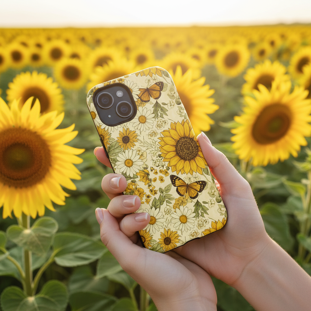 Lifestyle image of sunflower butterfly phone case in bright garden setting
