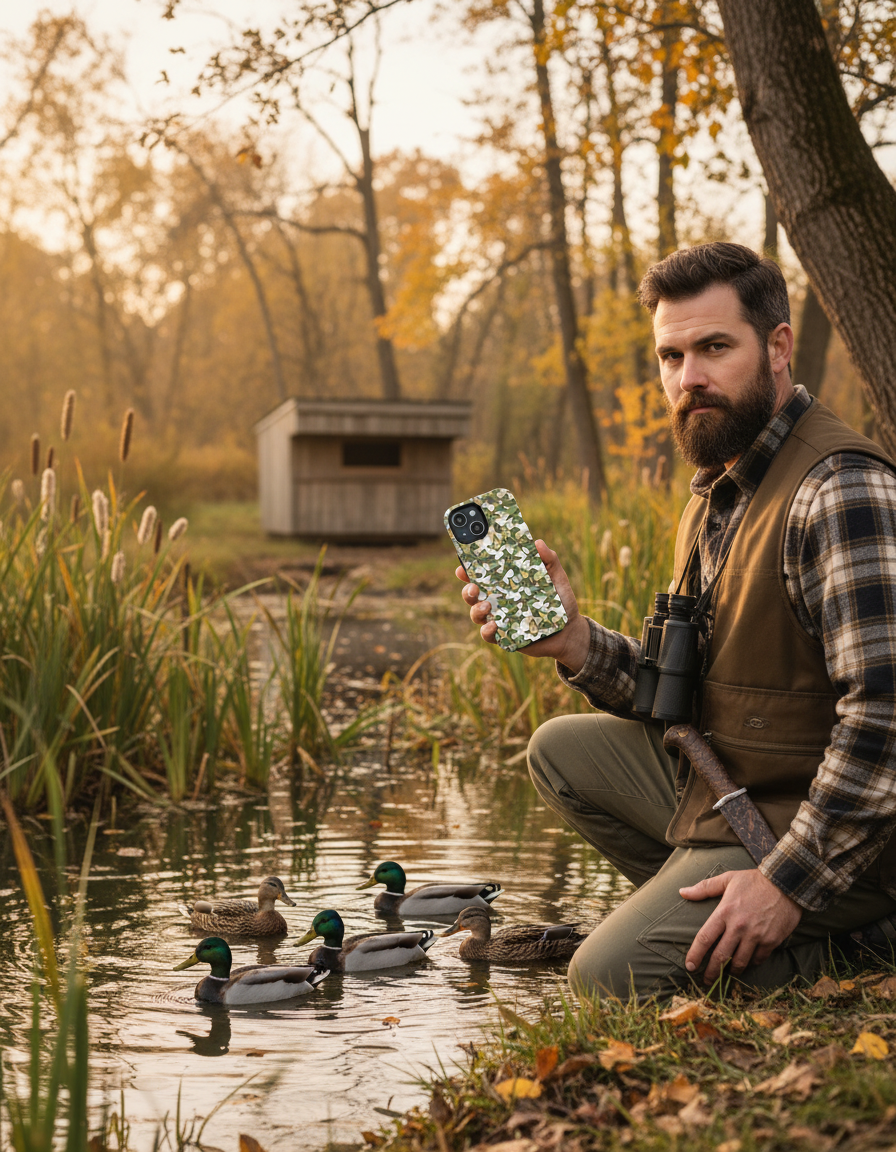 Lifestyle image of duck camo phone case in outdoor nature setting
