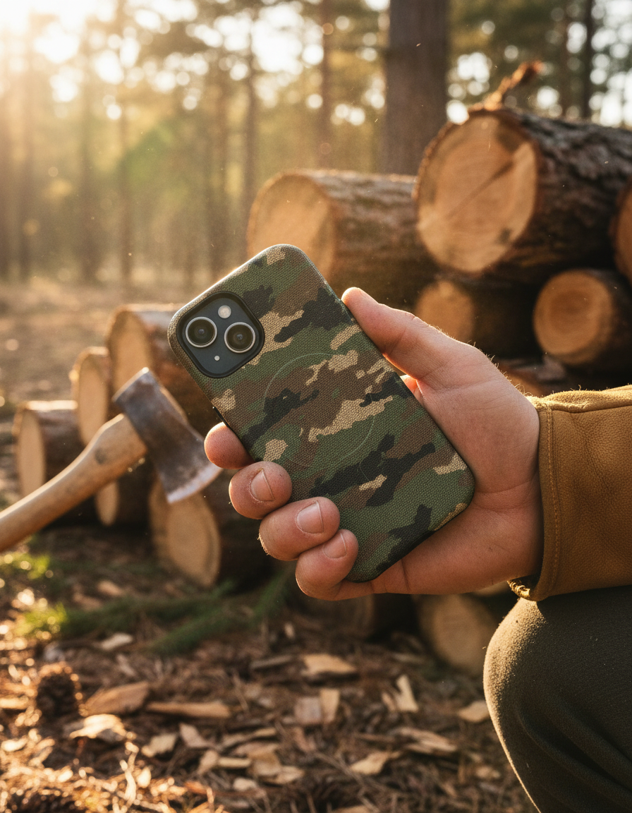 Lifestyle image of camo tough phone case in outdoor tactical setting
