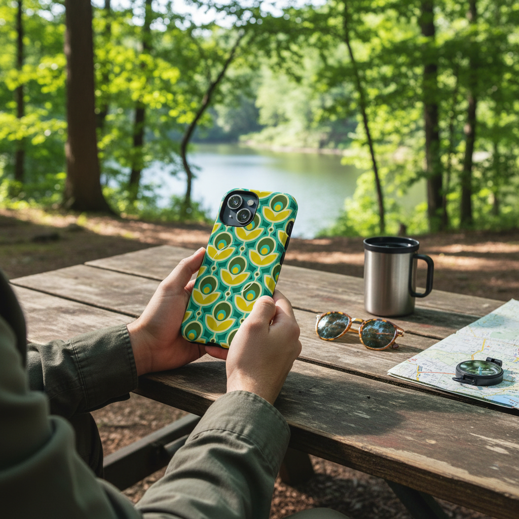 MagSafe Tough Phone Case — Retro Floral Green & Yellow Geometric Pattern