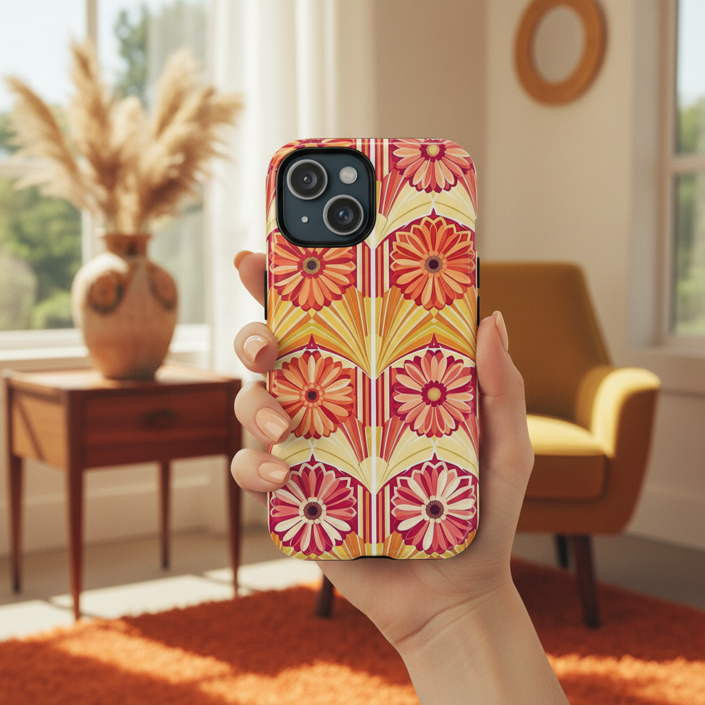 MagSafe Tough Phone Case — Retro Floral Orange & Coral