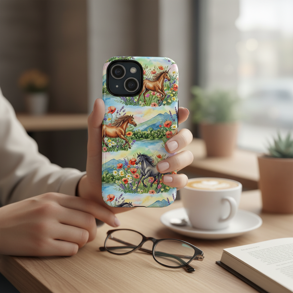 Pastel Horse Meadow MagSafe Phone Case - Floral Equestrian Design