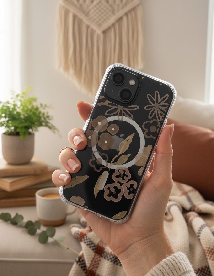 Clear Magnetic Phone Case — Neutral Floral Impact Protection