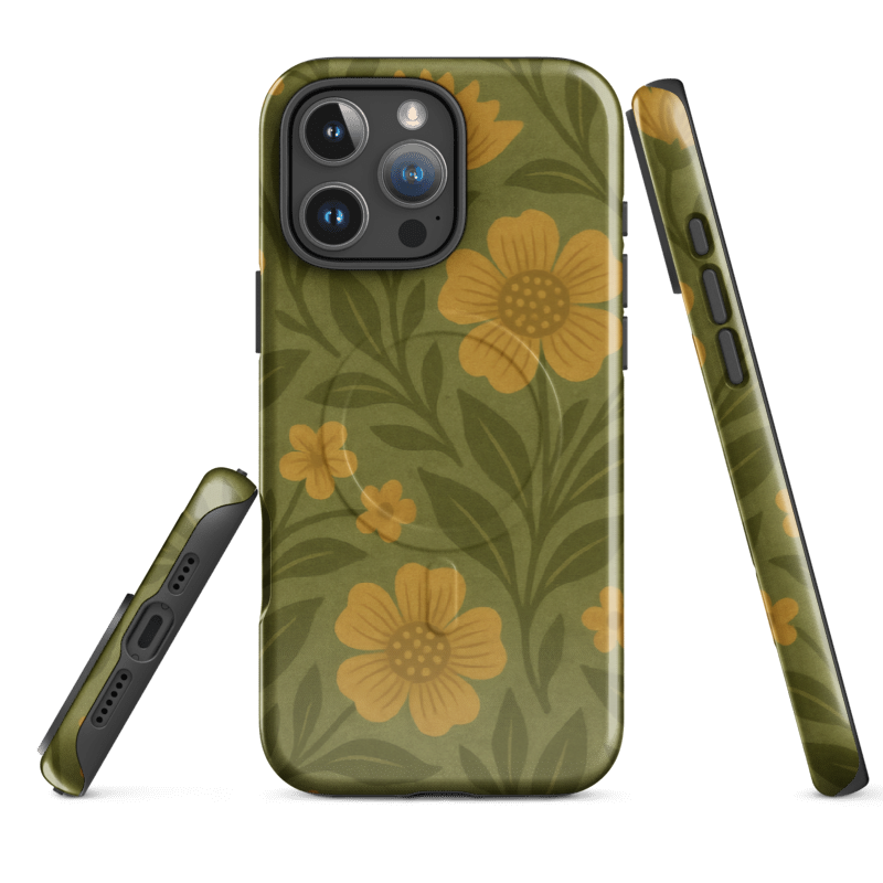 Boho Botanical Phone Case - Green Leaves & Yellow Flowers Nature Design