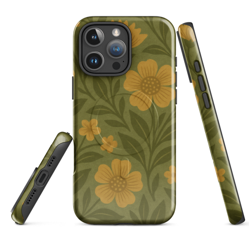 Boho Botanical Phone Case - Green Leaves & Yellow Flowers Nature Design