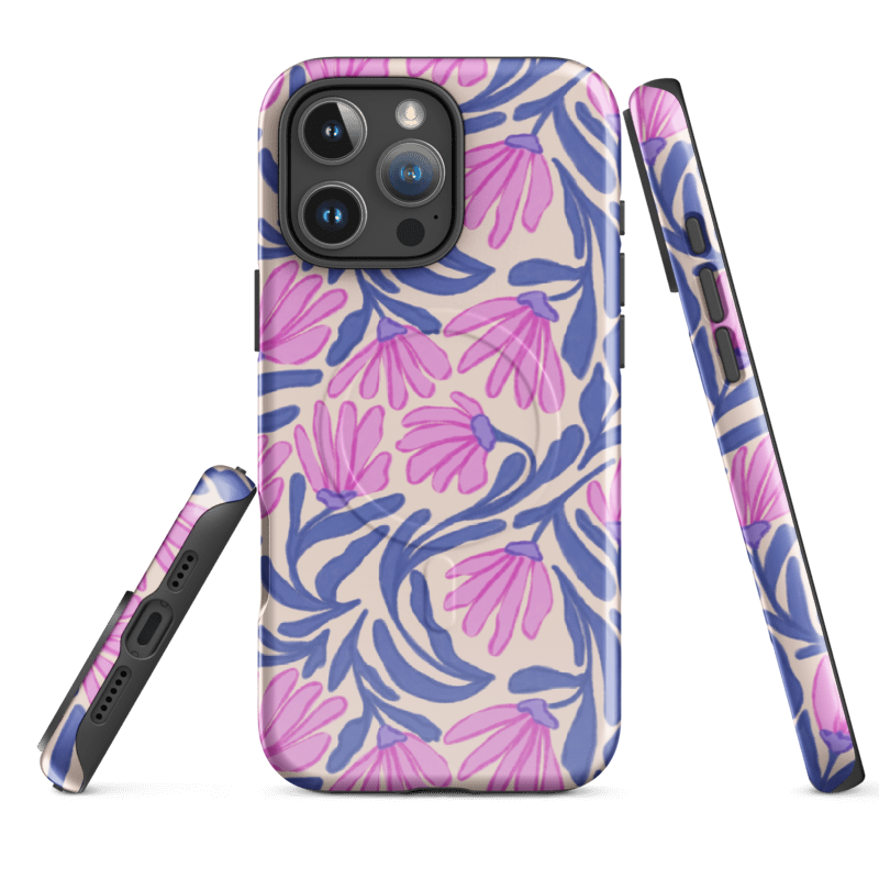 Wild Root Cases: Vibrant Pink Watercolor Flower iPhone Case with Blue Stems