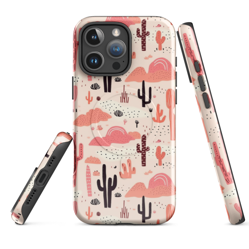 Boho Cactus Phone Case with Pink Clouds & Black Dots – Spring Desert Protective Case | Wild Root Cases