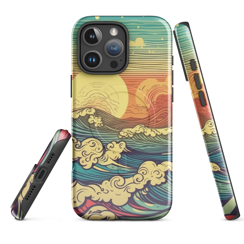 Retro Boho Ocean Sunset iPhone 15 14 13 12 Case | Wild Root Cases - Blue Wave Beach Design