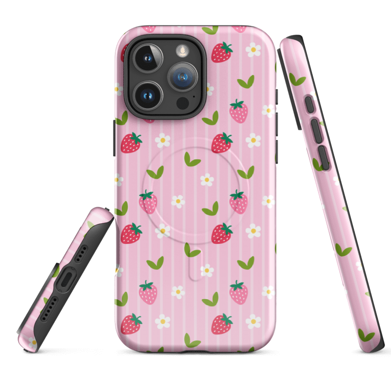 Light Pink Strawberry Floral iPhone Cases - Cute Feminine Design | iPhone 14, 15, 16, 17 & Pro Max | Wild Root Cases