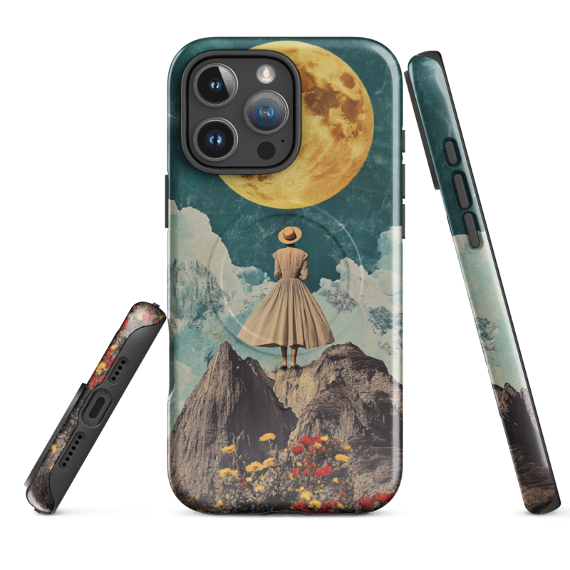 Retro Moon Gazer iPhone Cases - Mountain Lady Design | iPhone 14, 15, 16, 17 & Pro Max | Wild Root Cases